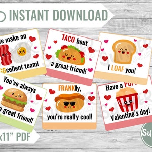 Printable Valentines Day Cards Snack Food Valentines Gift Tags for Instant Download Cute Cards for Valentine's Day Funny Valentines Bundle