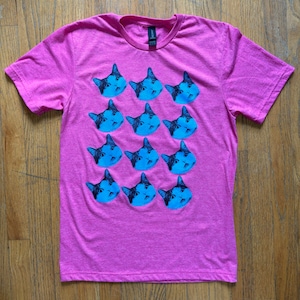 Screen Printed Cat T-Shirt - Pink Shirt / Blue Cats