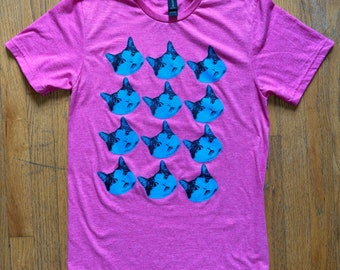 Screen Printed Cat T-Shirt - Pink Shirt / Blue Cats