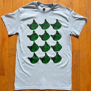 Screen Printed Cat T-Shirt - Light Blue Shirt / Green Cats