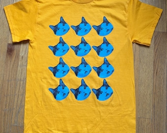Screen Printed Cat T-Shirt - Yellow Shirt / Blue Cats