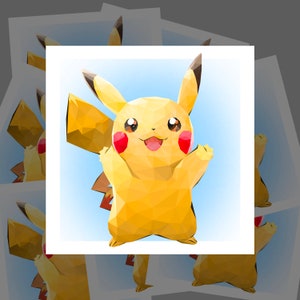 May include: A yellow cartoon character with red cheeks and a wide smile. The character is in a low-polygon style, with a triangular design.
