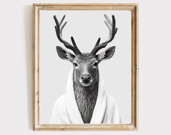Deer in bathrobe, bathroom art, kids bathroom art, funny bathroom art, animals in bathrobe, funny bathroom print, bathroom wall art