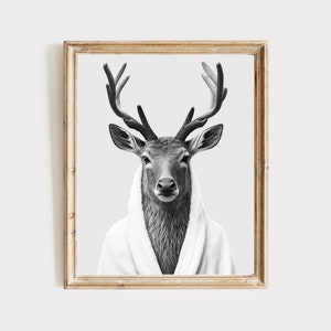 Deer in bathrobe, bathroom art, kids bathroom art, funny bathroom art, animals in bathrobe, funny bathroom print, bathroom wall art