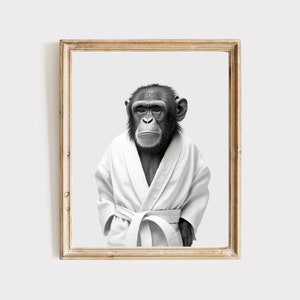 Chimp in bathrobe, bathroom art, kids bathroom art, animal art, black and white chimp , bath time art, funny bathroom print, kids wall decor