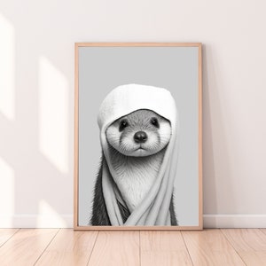 Otter in Bathrobe, quirky whimsical art, Kids Bathroom Art, whimsy animal, black and white pic, bath time art, animal in bathrobe BA006