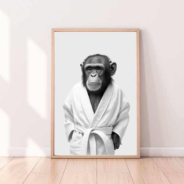 Chimp in bathrobe, bathroom art, kids bathroom art, animal art, black and white chimp , bath time art, funny bathroom print, kids wall decor