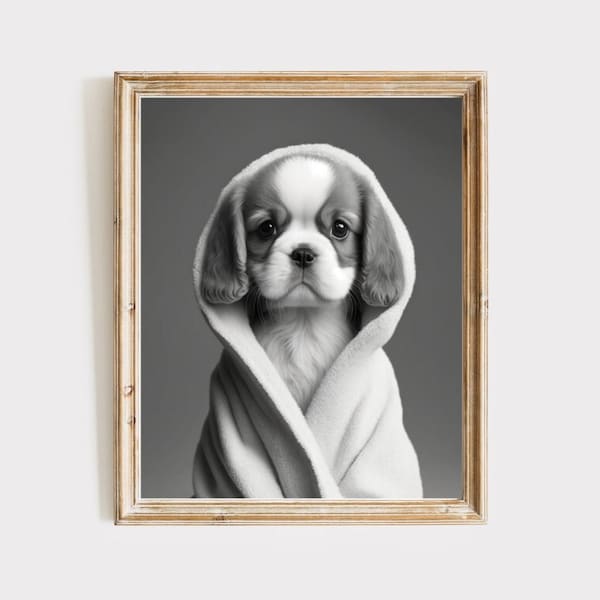 Dog in bathrobe, bathroom art, kids bathroom art, funny bathroom art, animals in bathrobe, funny bathroom print, bathroom wall art