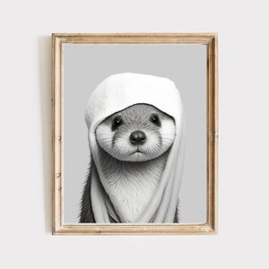 Otter in bathrobe, bathroom art, kids bathroom art, funny bathroom art, animals in bathrobe, funny bathroom print, bathroom wall art