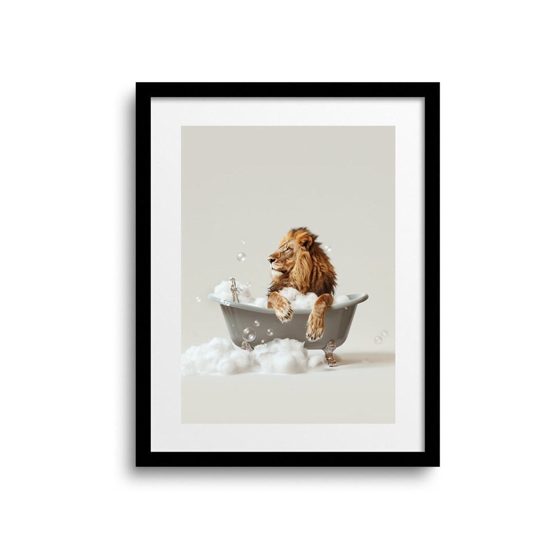 Lion Bathroom, Fun Bathroom Prints, Toddler Bathroom Art, Animal Bath Print, Animals in Bathtub ...