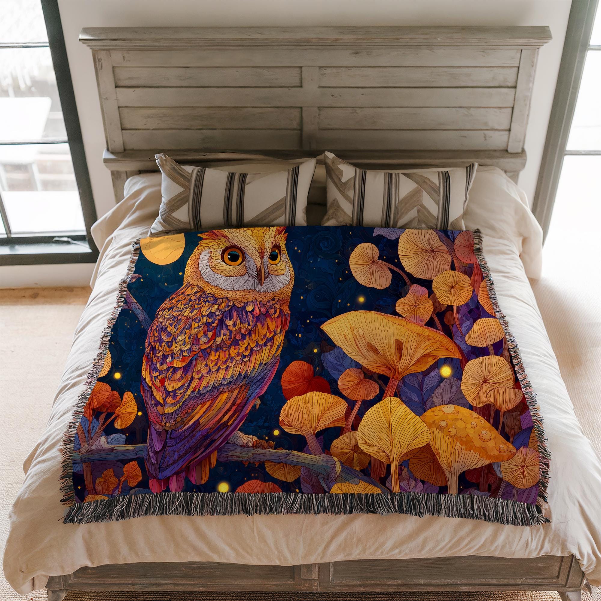Owl blanket, Halloween woven blanket woven halloween blanket, owl forest embroidery, halloween throw