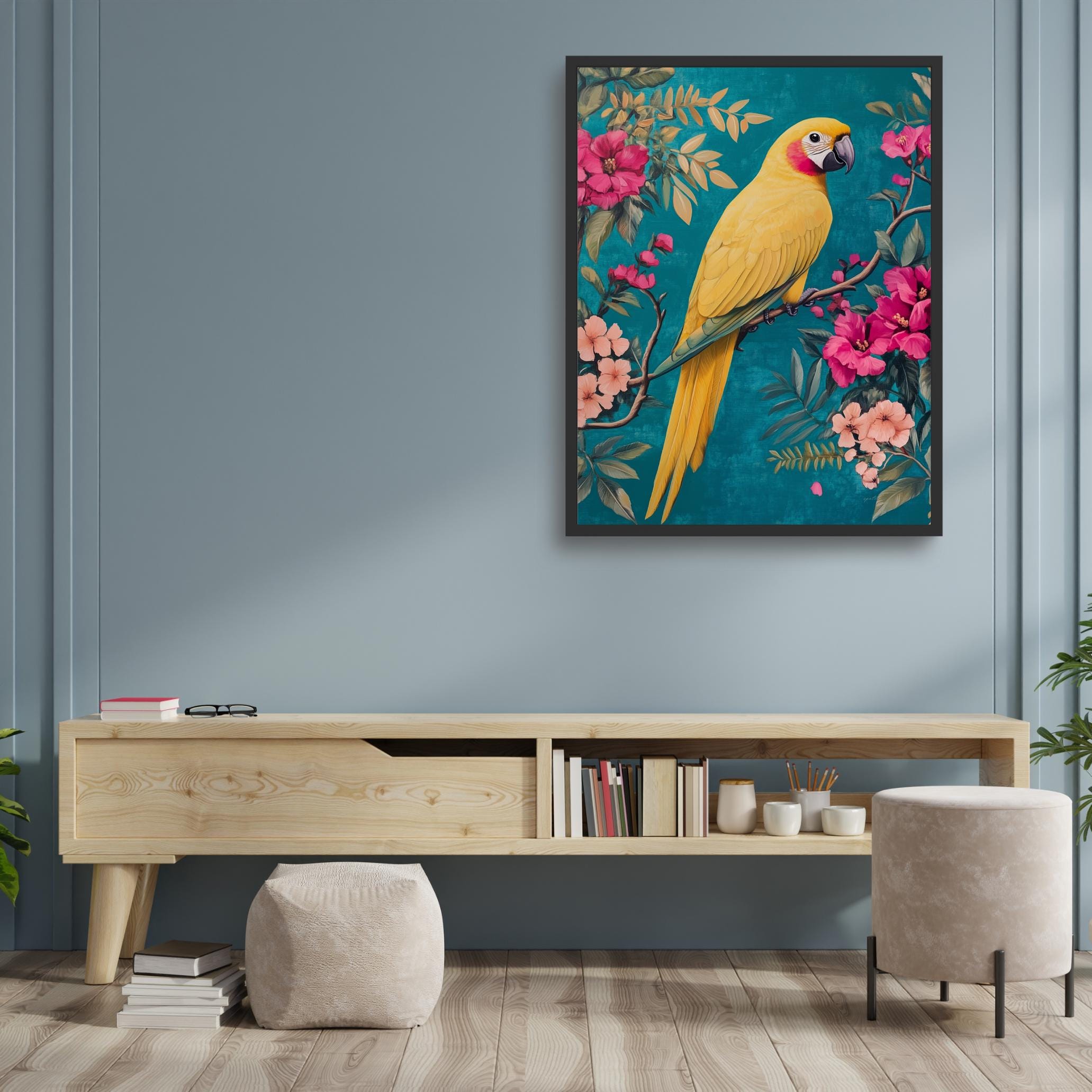 Maximalist decor wall art, tropical bird prints, teal wall art, parrot art, dopamine decor, funky decor, bold wall art, mustard yellow art