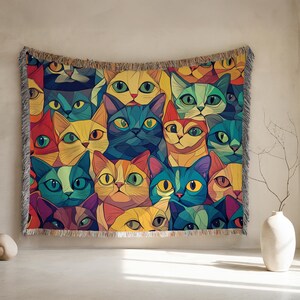 Cat Tapestry Woven Blanket: Colorful Feline Throw, USA Made
