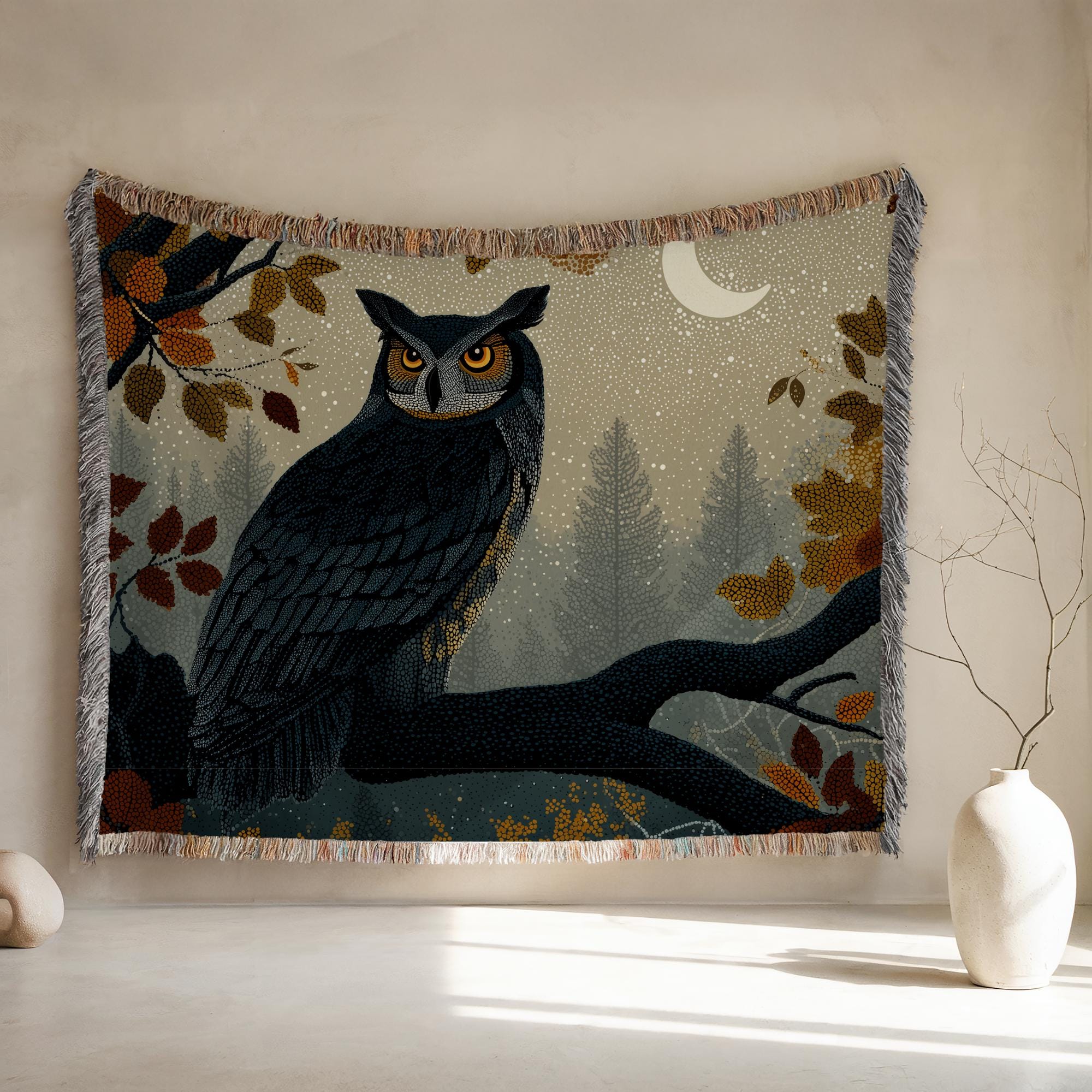 Halloween woven blanket woven halloween blanket, owl forest embroidery, owl blanket, halloween throw