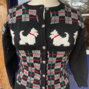 Vintage 1995 Scottish Terrier Wool Knit Button-down Plaid Sweater Size-M