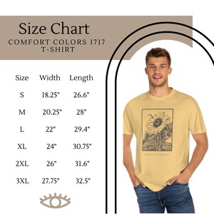 May include: Size chart for a t-shirt with a sunflower graphic. The chart shows sizes S through 3XL with corresponding width and length measurements in inches.