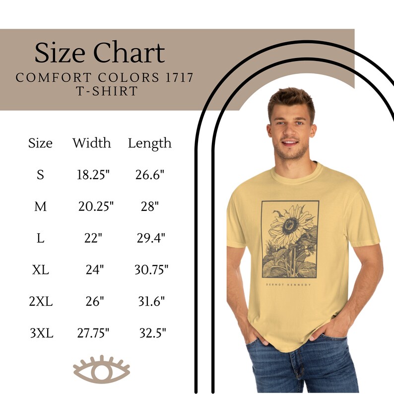 May include: Size chart for a t-shirt with a sunflower graphic. The chart shows sizes S through 3XL with corresponding width and length measurements in inches.
