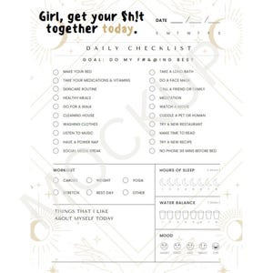 Girl, get your shit together daily checklist, digital planner, digital checklist, witchy planner, ADHD planner, self care checklist image 1