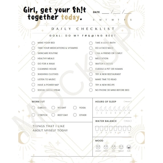 Girl, get your shit together daily checklist, digital planner, digital checklist, witchy planner, ADHD planner, self care checklist