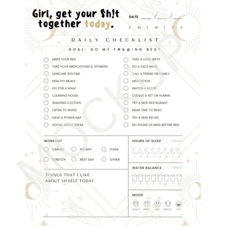Girl, get your shit together daily checklist, digital planner, digital checklist, witchy planner, ADHD planner, self care checklist image 1