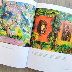 This is the book Cajal's Canopy of Trees open to two pages of illustrations by artist Dawn Hunter. On the left is a landscape painting of Real Jardín Botánico de Madrid and on the right is a double portrait of Cajal.