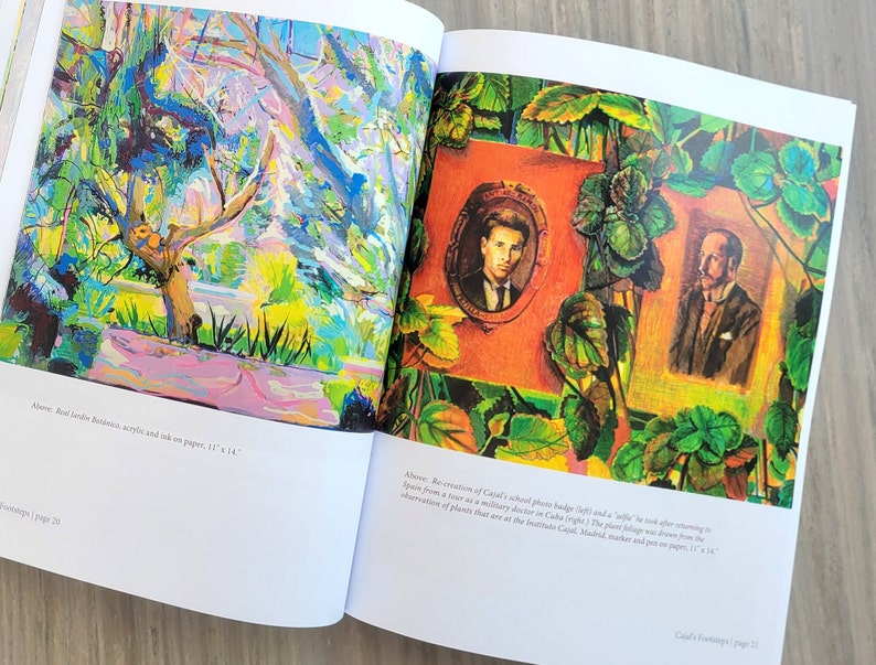 This is the book Cajal's Canopy of Trees open to two pages of illustrations by artist Dawn Hunter. On the left is a landscape painting of Real Jardín Botánico de Madrid and on the right is a double portrait of Cajal.