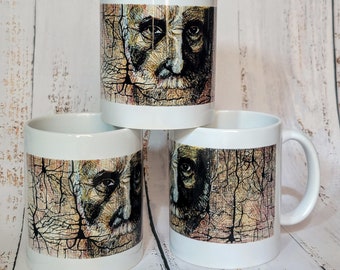 SciArt Mug of Santiago Ramón y Cajal | featuring an original portrait drawing of Cajal among pyramidal neurons by Dawn Hunter