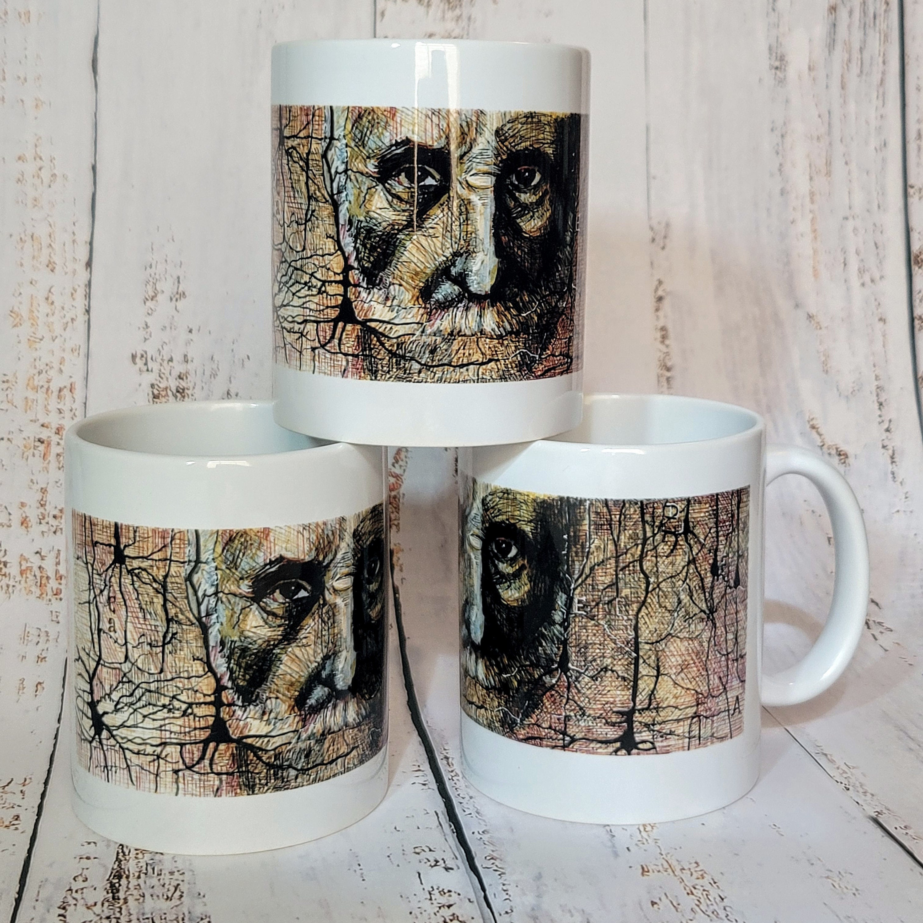SciArt Mug of Santiago Ramón y Cajal | featuring an original portrait drawing of Cajal among pyramidal neurons by Dawn Hunter