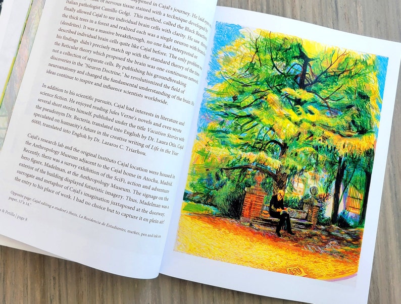 This is a photo of the monograph Cajal's Canopy of trees by renowned artist and Fulbright Scholar Dawn Hunter, opened to a page that features Cajal reading under a tree.
