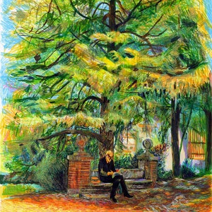 This is a an image of an illustration of Cajal reading under a tree byrenowned artist and Fulbright Scholar Dawn Hunter.
