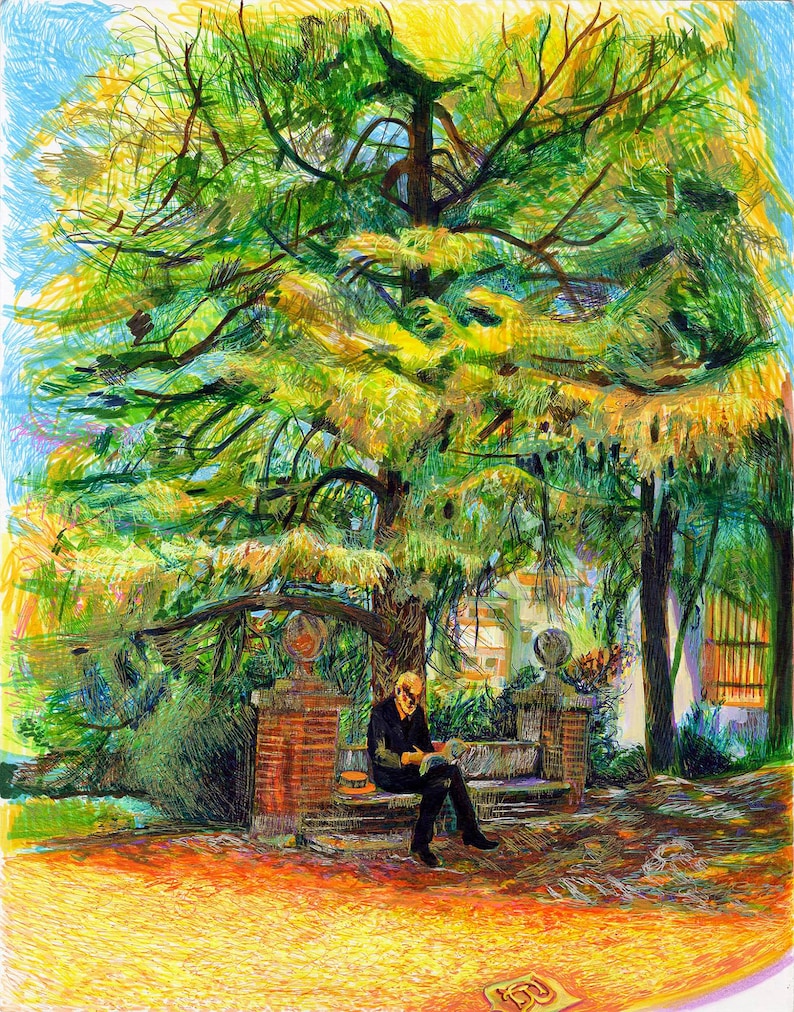 This is a an image of an illustration of Cajal reading under a tree byrenowned artist and Fulbright Scholar Dawn Hunter.