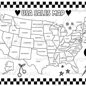 May include: A black and white USA sales map outline with state labels, framed by a checkered border. Decorative elements include stars, leopard print hearts, a cherry icon, a lightning bolt, and a smiley face with lightning bolt eyes.