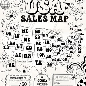 May include: A black and white USA sales map tracker featuring a map of the United States with state abbreviations, a checkerboard border, disco ball, smiley face, flowers, and rainbow icons. Includes sections for tracking states shipped to, goals, and notes.