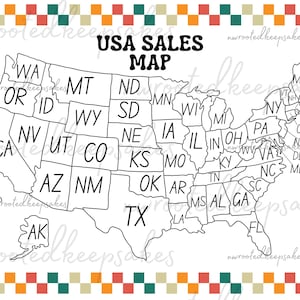 May include: A black and white USA SALES MAP with state abbreviations, surrounded by a border of alternating green, orange, and red squares. The map features clear outlines of all fifty states, including Alaska and Hawaii, with bold black text.