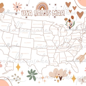 May include: A USA sales map with a boho theme. The map is outlined in brown with state names. Decorative elements include butterflies, flowers, hearts, a rainbow, and an arrow. The text "USA SALES MAP" is at the top.