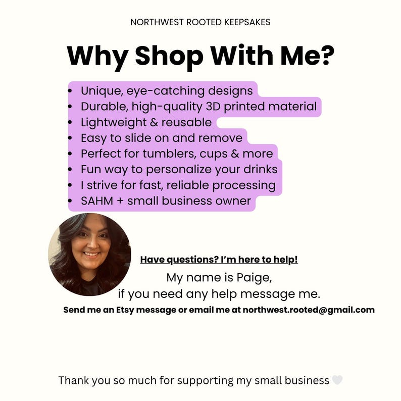 Op de afbeelding: Witte afbeelding met de tekst "Why Shop With Me?" met productkenmerken. Bevat een foto van een lachende vrouw en contactgegevens. De tekst benadrukt unieke ontwerpen, 3D-geprint materiaal en personalisatie.