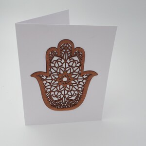 Real Wood Veneer and Paper Premium Greeting Card with laser cut hamsa - perfect for any occasion.