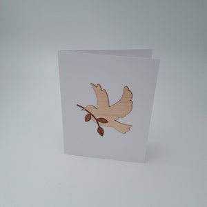Real Wood Veneer and Paper Premium Greeting Card with laser cut dove and olive branch - perfect for any occasion.