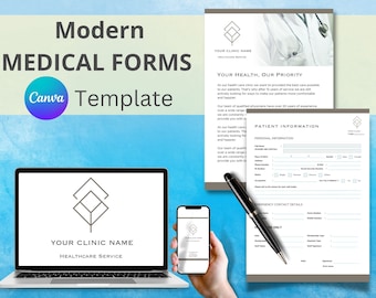Moderna medicinska blanketter, information om nya patienter, anpassningsbar dokumentmall, tandläkarmottagning, patientintag, sjukdomshistoria, Canva-mall