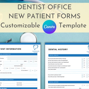 Neues Patientenformular, Zahnarztpraxis, Zahngeschichte, neue Patienteninformationen, Krankenakten, anpassbar, Canva-Vorlage, digitaler Download