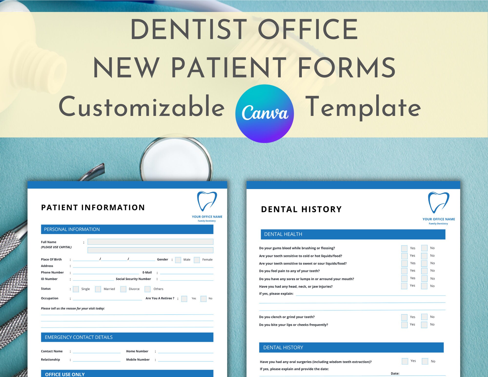 New Patient Form, Dentist Office, Dental History, New Patient Information, Medical Records, Customizable, Canva Template, Digital Download