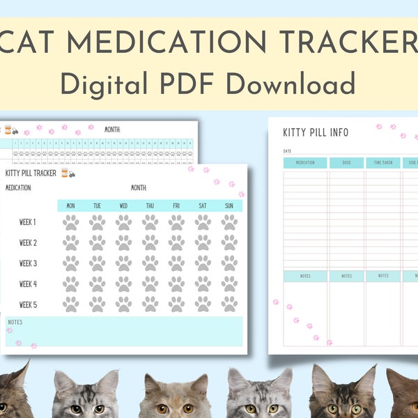 Cat Medication Tracker, Monthly and Weekly Checklist, Medicine and Vitamin Log, for Pet Health, Digital Download, Printable and Fillable PDF