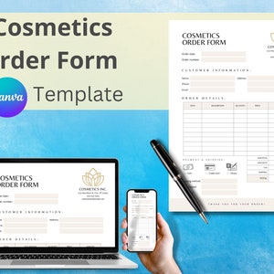 May include: A digital mockup of a cosmetics order form template. The image shows the form on a laptop, a smartphone, and a printed version. The form includes sections for customer information and order details.