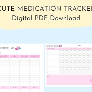 May include: A printable medication tracker with a cute pill design. The tracker includes a section for medication information and a monthly calendar to track daily doses. The calendar has a pink and gray color scheme with a pink flower design.