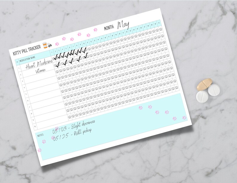 Cat Medication Tracker, Monthly and Weekly Checklist, Medicine and