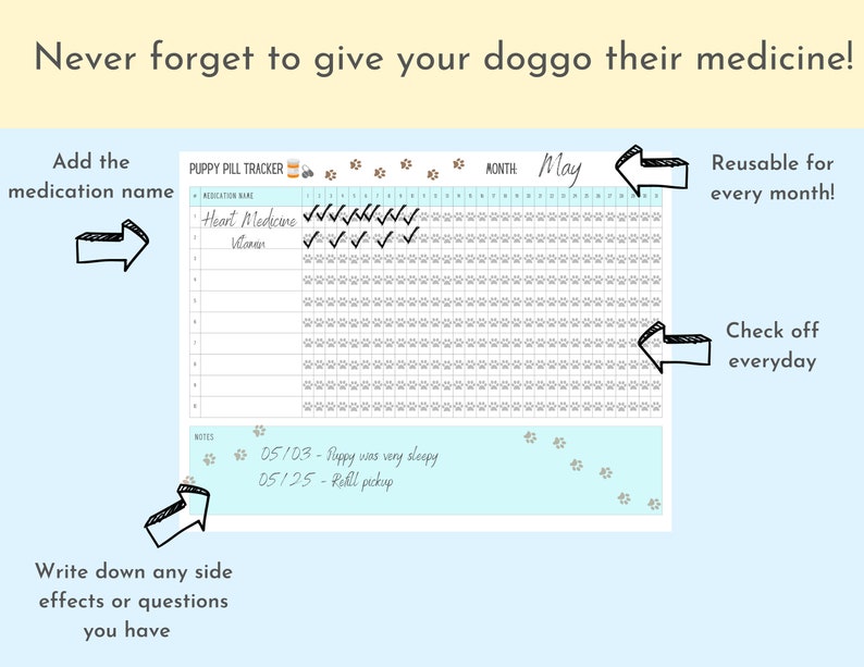 Dog Medication Tracker Monthly Pet Health Weekly Puppy Pill Etsy