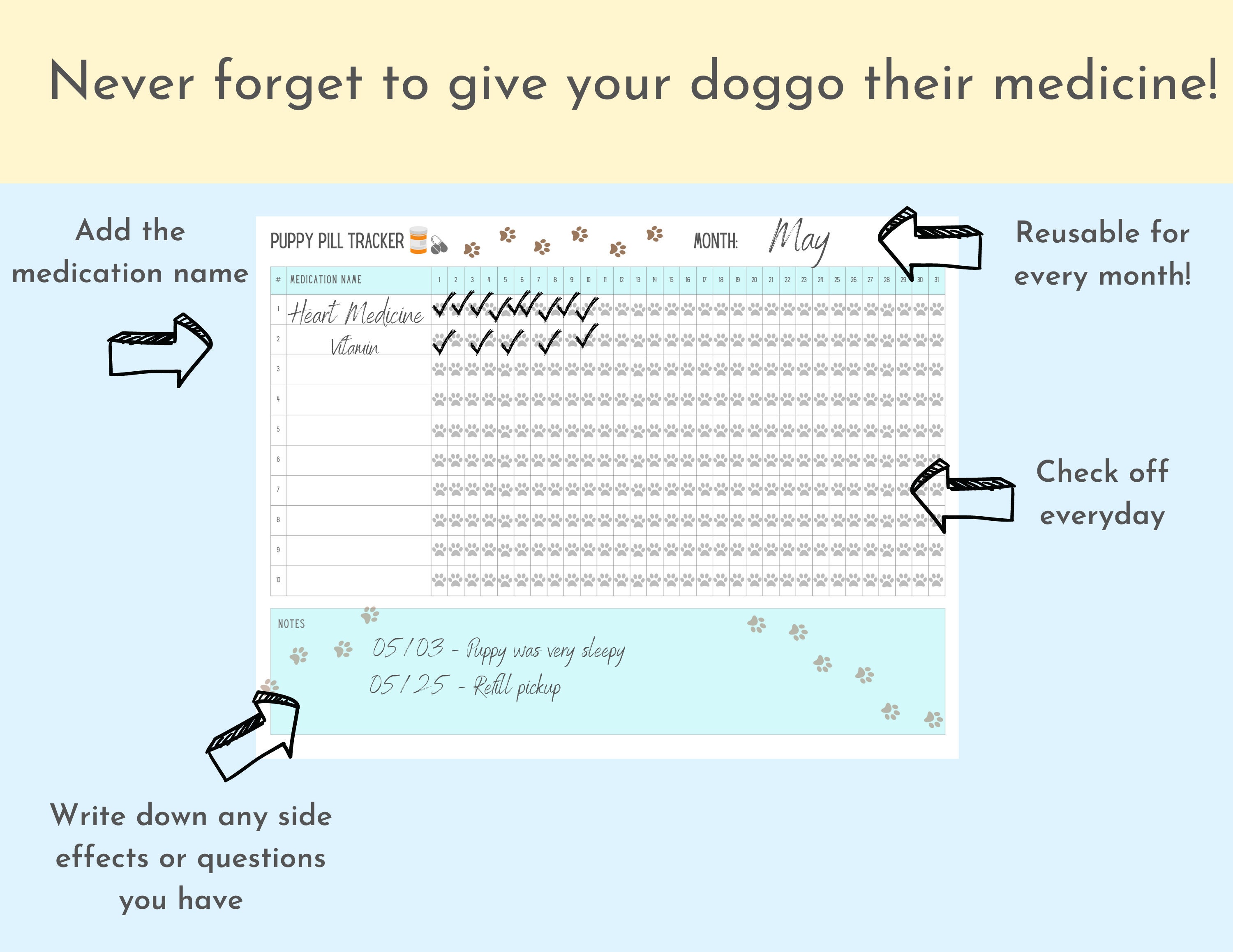Dog Medication Tracker, Monthly Pet Health, Weekly Puppy Pill Checklist ...