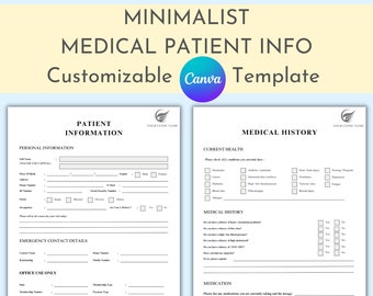 Nytt patientformulär, minimalistiskt, medicinsk klinik, tandläkarmottagning, Canva-mall, patientinformation, medicinsk historia, digital nedladdning