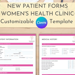 Neues Patientenformular, Frauengesundheit, medizinische Klinik, anpassbar, Canva-Vorlage, Patienteninformationen, Anamnese, digitaler Download