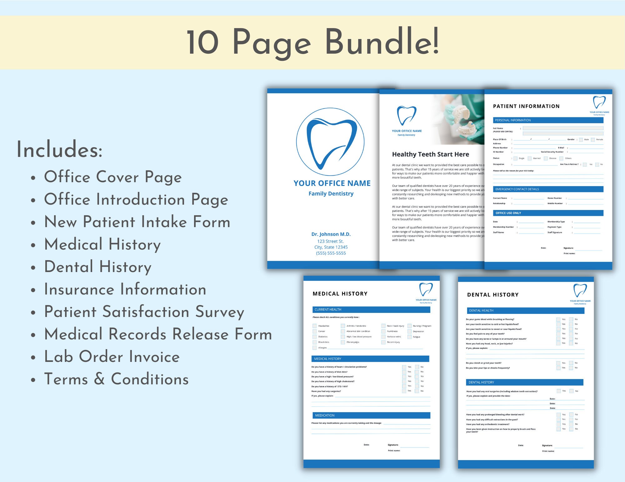 Dentist Office Forms, New Patient Information, Medical History, Dental